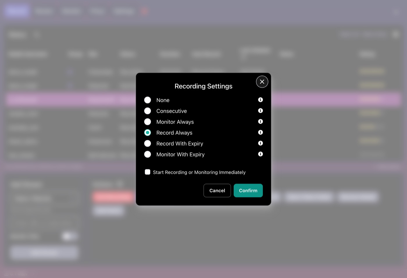 CaptureGem Recording Settings dialog listing the auto-record modes None, Consecutive, Monitor Always, Record Always, Record With Expiry and Monitor With Expiry, with a Start Recording or Monitoring Immediately checkbox