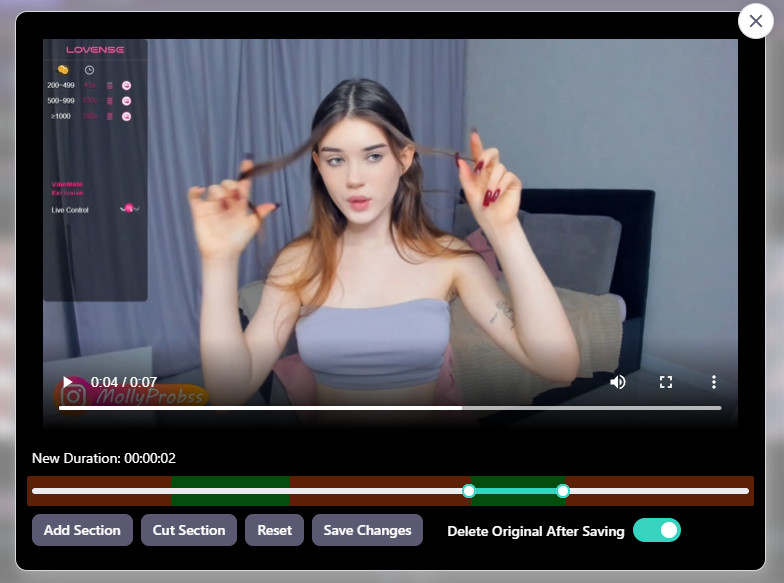 CaptureGem built-in video editor with a recording timeline and section controls