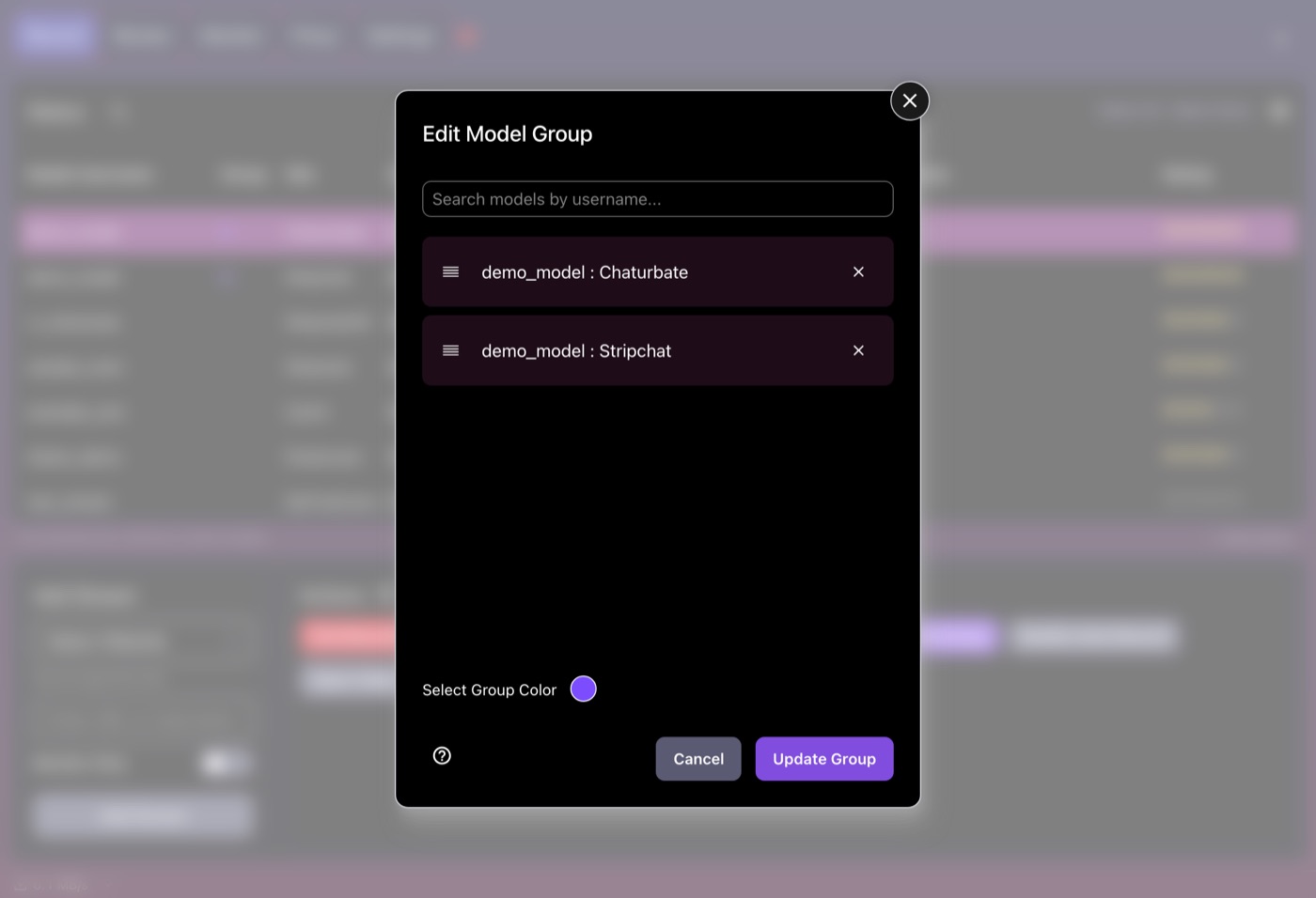 CaptureGem Edit Model Group dialog joining the placeholder demo_model on Chaturbate and on Stripchat into one group, with a group color picker and an Update Group button