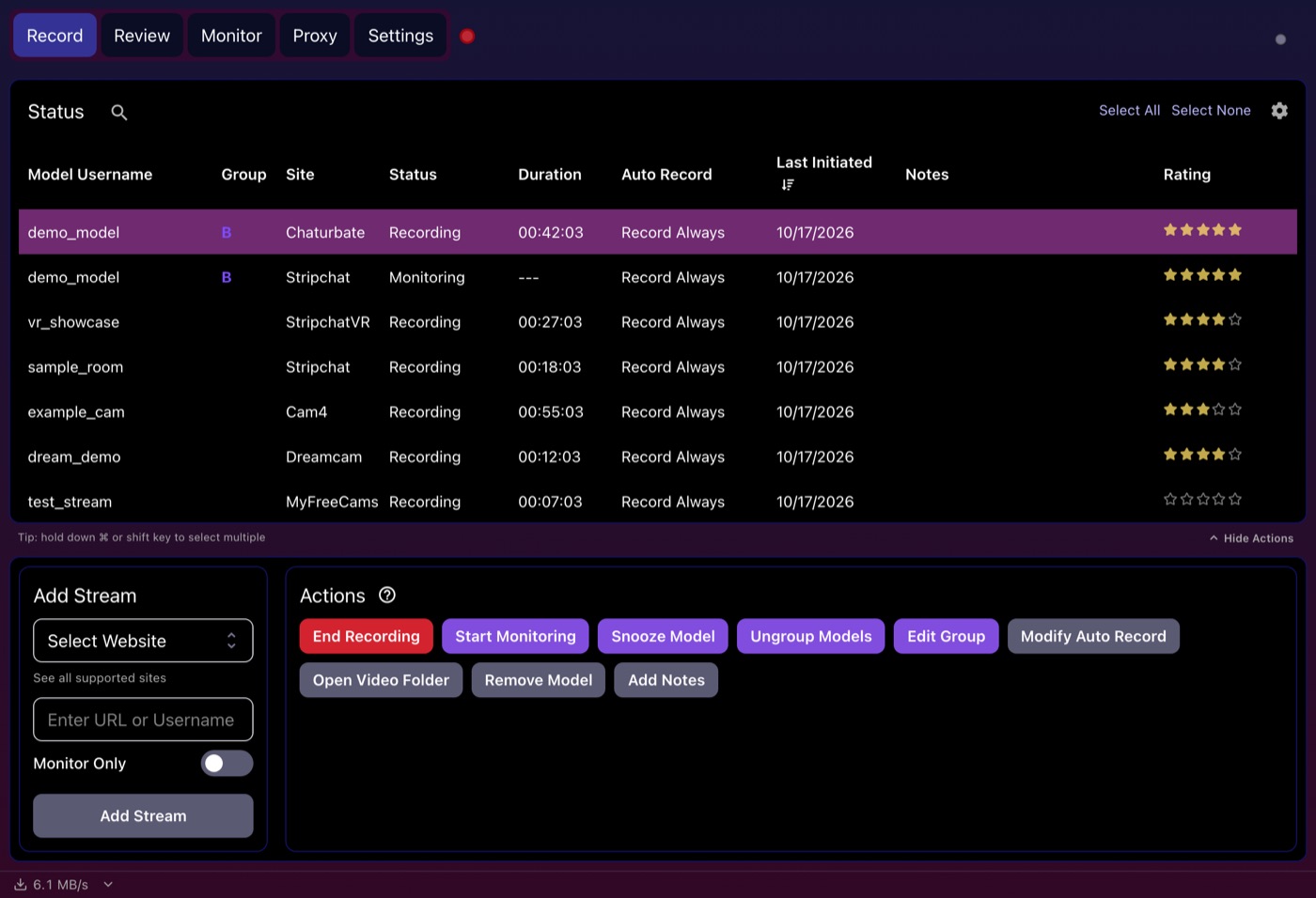 CaptureGem Record tab with several placeholder models recording or monitoring at once on different cam sites, each with an auto-record mode