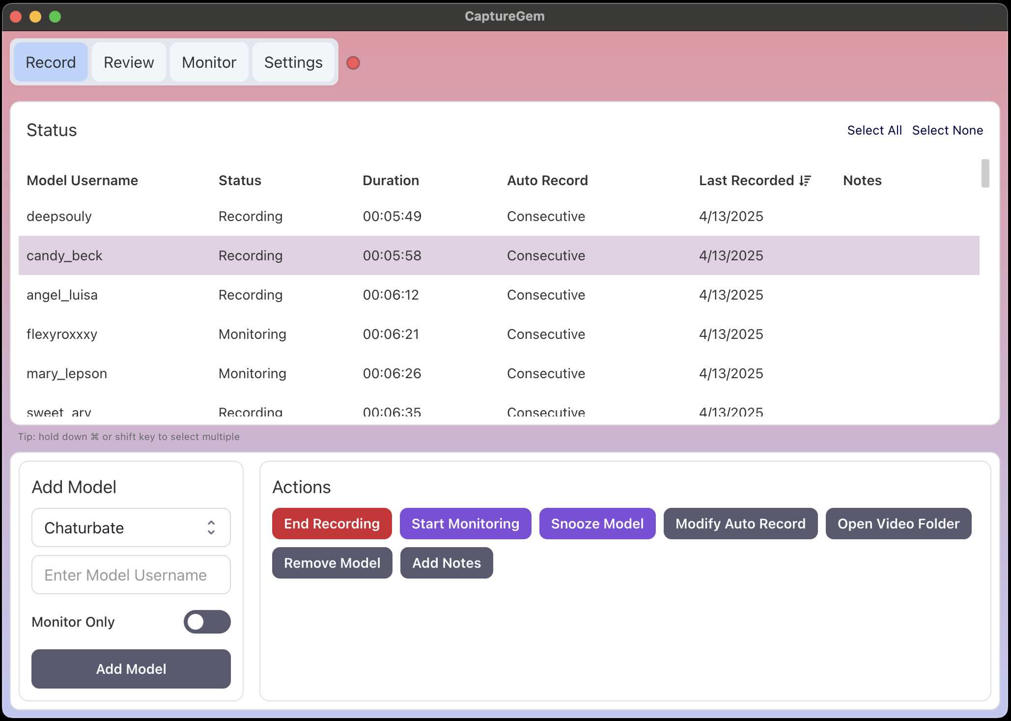 CaptureGem recording dashboard with automatic recording status, durations, and multi-model controls