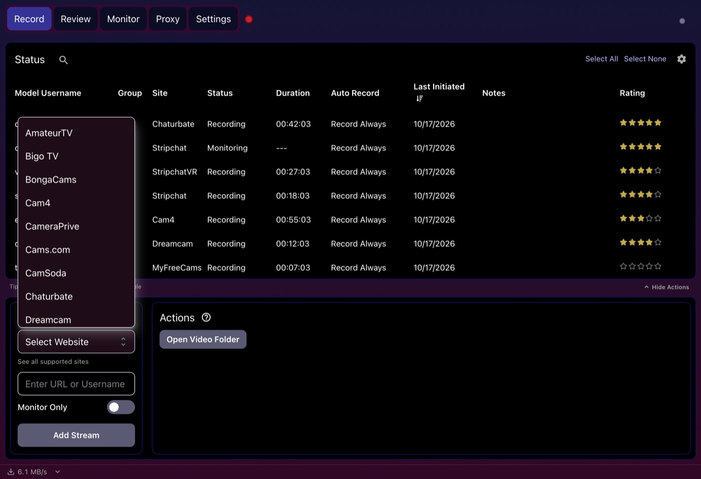 CaptureGem Add Stream panel with the Select Website list open, showing AmateurTV, Bigo TV, BongaCams, Cam4, CameraPrive, Cams.com, CamSoda, Chaturbate and Dreamcam above the URL or username field