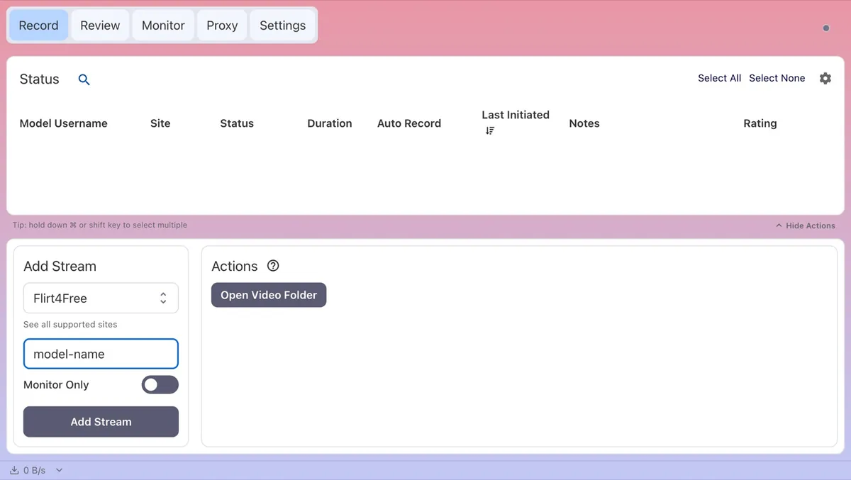 CaptureGem Record tab with Flirt4Free selected in the Add Stream panel