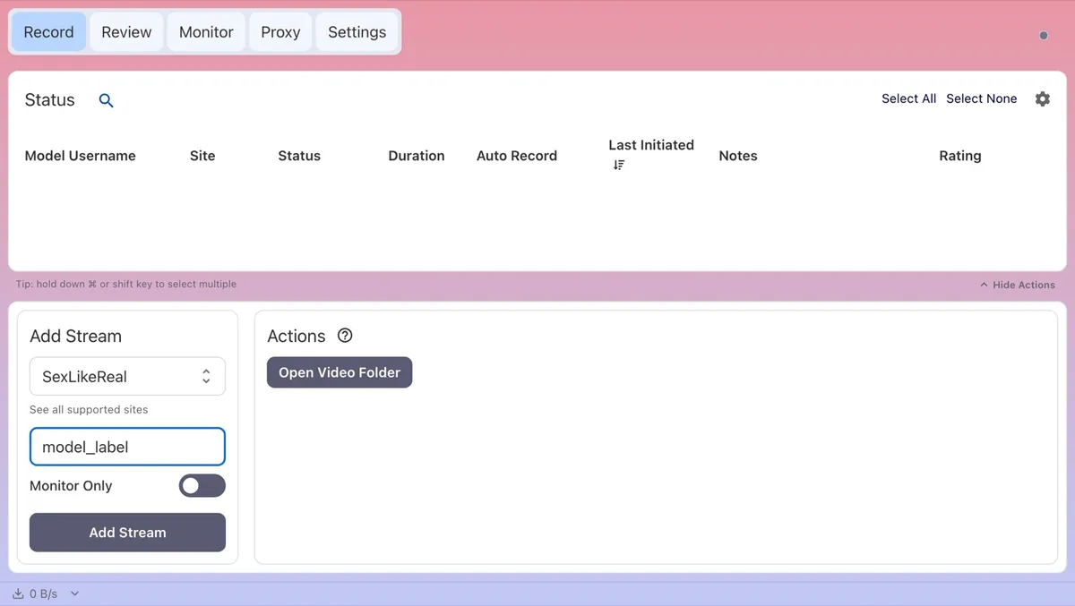 CaptureGem Record tab with SexLikeReal selected in the Add Stream panel