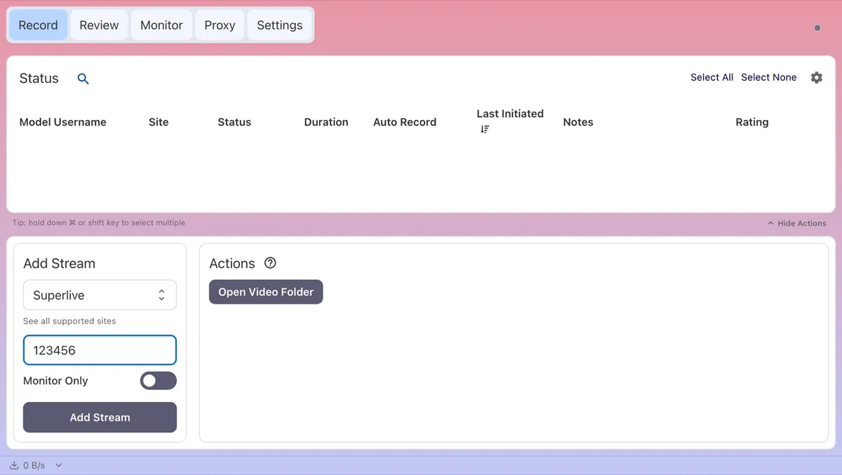 CaptureGem Record tab with Superlive selected in the Add Stream panel